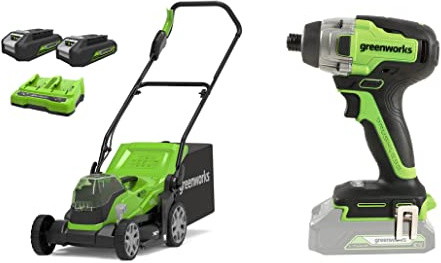 Greenworks Tondeuse à Batterie G24X2LM36K2x Sac collecteur Réglage Central de la Hauteur de Coupe INCL. 2X 2Ah Batterie et Chargeur + Greenworks Meuleuse d'angle sans Fil GD24SAG
