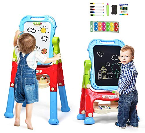 COSTWAY Kids Double Sided Easel with Magnetic Whiteboard and Chalkboard, Art Accessories, Storage Tray, Height Adjustable & 360° Rotatable Drawing Board Educational Toys for Boys Girls (Blue)