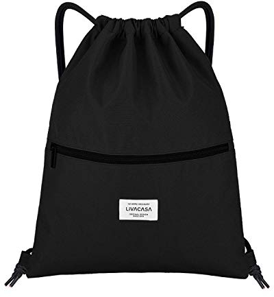 LIVACASA Turnbeutel Mit Reißverschluß Innentasche Sportbeutel Wasserdicht Hipster Beutel Seitentasche Gym Bag Gefüttert Rucksack Mit Verstellbar Tunnelzug Gymsack für Damen Herren Rein Schwarz