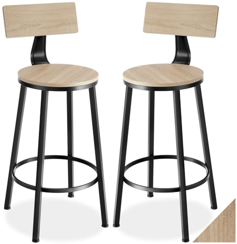 tectake® 2er Set Barhocker mit Lehne, Hocker Holz, Bistrohocker Industrial, Tresenhocker, Vintage Barstühle, Barstühle mit Fußstütze und Rückenlehne, Hocker hoch - Industrial Holz hell, Eiche Sonoma