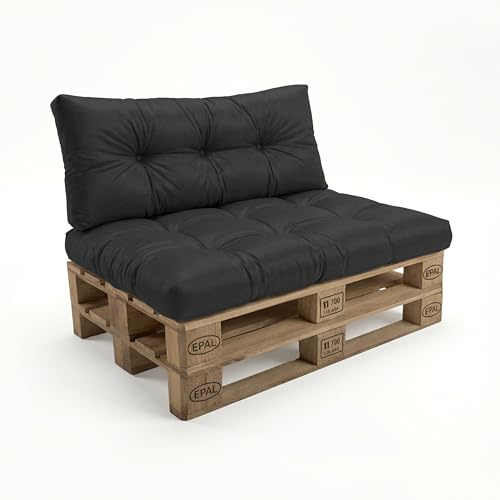 POKAR 2 Cojines para Europalés/Europalet Impermeable: 1x Cojín-Asiento 120x80x12cm +1x Cojín-Respaldo 120x40x12cm, Espuma Fría, para Sofá de Paletas, sin Palés, Negro