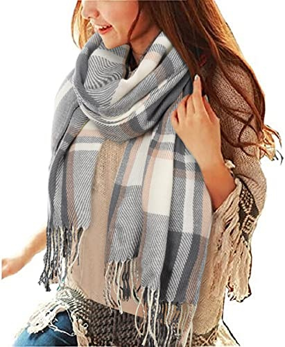 heekpek Sciarpa Donna Invernale Elegante Lunghe Sciarpa Tartan Calda Morbida Colorata Scialle Donna Invernale Cashmere con Frange, Grigio e bianco