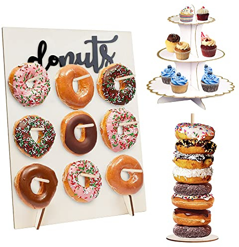 Soporte de madera reutilizable para rosquillas de bagel, soporte de pared para rosquillas de madera, soporte de 3 niveles, soporte para cupcakes de cartón en oro blanco para bodas, cumpleaños