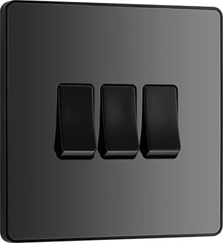 BG Electrical Triple Wall Light Switch, 2 Way, Screwless Front Plate, Round Edges, Evolve, Black Chrome, 20A, 16AX, PCDBC43B