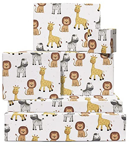 Central 23 Baby-Geschenkpapier - 6 Bögen Mit Zebra, Giraffe, Löwe - Dschungel-Motiv für Kinder, Jungen und Mädchen - Geeignet für Geburtstag, Babyparty, Taufe