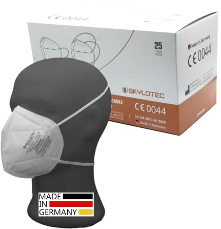 SimpleBreath 25 x Kopfband FFP2 Masken SKYLOTEC Einzelverpackung & Made in Germany (5 Jahre haltbar) Atemschutzmaske 5-Lagen Staubschutzmasken einzeln verpacktL8