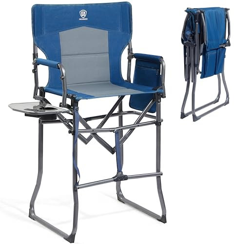 EVER ADVANCED 78CM Sitzhöhe Regiestuhl Hoch Klappbar, Make Up Stuhl Faltbar 160KG Belastbar mit Beistelltisch&Seitentasche, Schminkstuhl für Make-up Artist, Sportveranstaltung, Bar-Stuhl, Blau-Grau