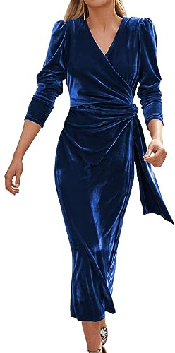 Tomwell Vestito Donna Sexy con Scollo a V Abito a Maniche Lunghe Tinta Unita Abiti Autunno Inverno Elegante Vintage Abito Maxi da Cocktail in Velluto A Blu XL