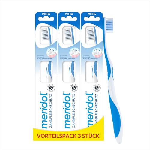 meridol Zahnbürste Zahnfleischschutz, mittel, 1 Stück - Handzahnbürste für eine schonende Reinigung von Zähnen am Zahnfleischsaum (Packung mit 3)