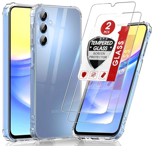 LeYi Funda para Samsung Galaxy A15/A 15 4G/5G con [2-Unidades] Cristal Templado, Carcasa Armor Silicona Soft Skin TPU Case Antigolpes Cover, Transparente