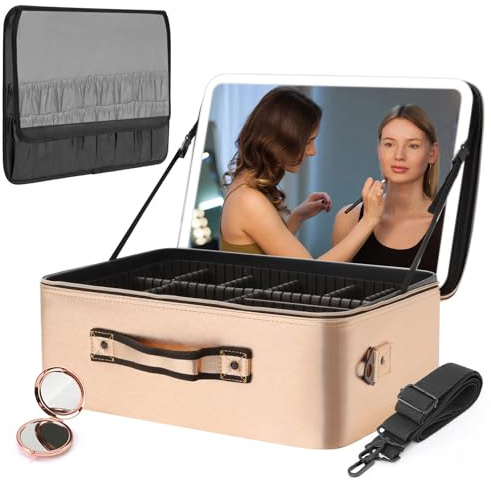 GNIYNAY Extra-Large Capacity Cosmetics Train Case with LED Lighted Mirror 3 Color Lights Adjustable Brightness Portable Makeup Bag with Adjustable Dividers for Professional Artist, Rose Gold