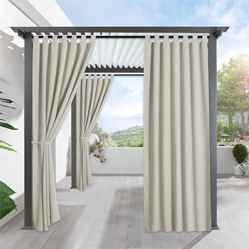 RYB HOME Outdoor Curtains for Patio Waterproof Tab Top Block Sunlight Thermal Insulated Privacy Assured Thick Outside Curtains for Porch, Balcony, Pool, W52 x L95, Natural, 1 Panel