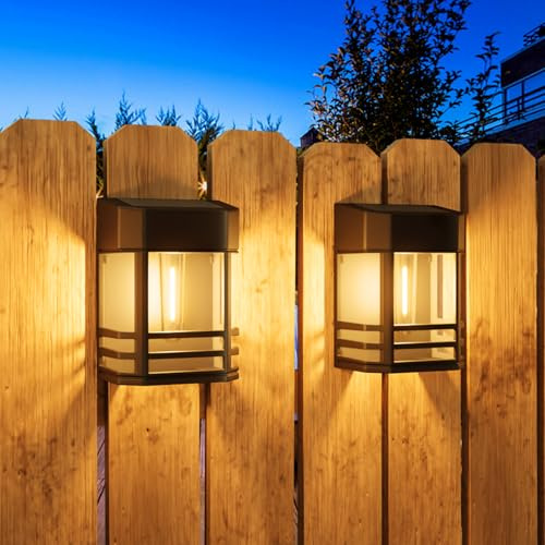 Woolmug 2 Pack Solar Fence Lights Outdoor Garden, Waterproof Retro LED Wall Lights, Auto On/Off Solar Lights Garden Fence Lighting for Patio Decking Gate Yard Decoration, Warm White