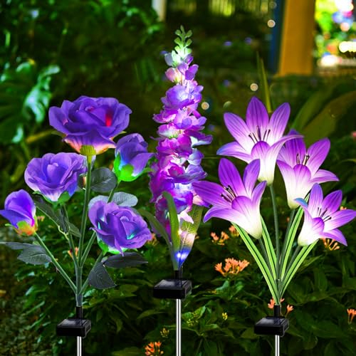 Luces solares de jardín, paquete de 3 luces solares de flores con lirio rosa delphinium, regalos de jardinería impermeables para mamá, abuela, mujeres, luces solares multicolor cambiantes al aire