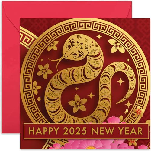 Chinese New Year Lunar New Year Of The Snake Happy New Year Greetings Card 2025 - Chinese New Year Card - Year of the Snake - Gold Red Chinese New Year Card | Blank Inside