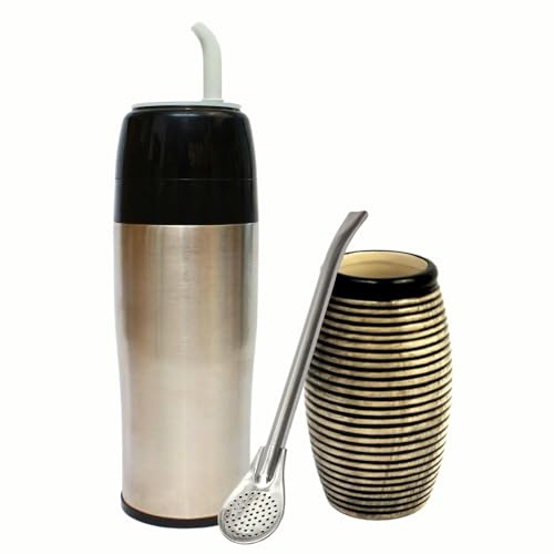 Yerbomos 2.0 Kit thermos pour thé Yerba Mate 350 ml ● Bouteille sous vide ● Paille Bombilla en acier inoxydable ● Tasse en céramique pour thé maté ● Accessoire de voiture portable Vert