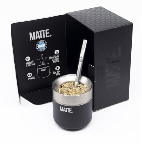 Matte Yerba Mate Kürbis- und Bombilla-Set – inklusive DS Pro Box – BPA-freies Yerba Mate Set Kit mit Mate Strohhalm, elegantes Design, rutschfester Boden (schwarz)