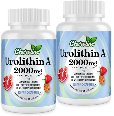 Suplemento de Urolitina A 2000mg - 120 Cápsulas Blandas - Suministro de 60 Días - Enriquecido con Extractos de Granada, Fresa y Nuez - para las Mitochondrien (120 unidades, paquete de 2)