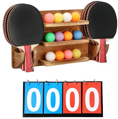 WAKUBON Ping Pong Paddle Holder Wall Mount Storage Rack - Table Tennis Racket Display Accessories Organizer - Holds 6 Paddles and 12 Balls - with Flip Scoreboard