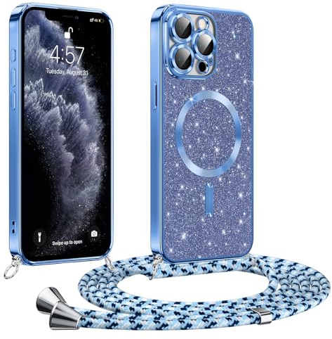 Phoona handyband Hülle für iPhone 11 Pro mit Band, Glitzer Handyhülle Kompatibel mit MagSafe, Ganzkörperschutz Kratzfeste Stossfest Schutzhülle mit Einstellbar Kette, Blau