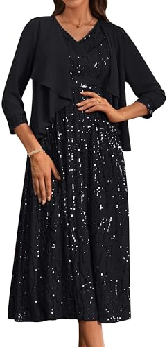Damen A-Line Maxi Hochzeitkleid V-Ausschnitt Rüschensaum Cocktailkleid Elegant Vintage Pailletten Partykleid mit Leicht Chiffon Strickjacke Schwarz 46