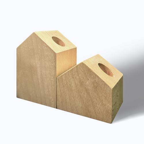 anaan Haven Stabkerzenhalter Holz 2er Set Moderner Haus Kerzenständer | Kreative Buchstütze & Kerzenhalter aus Buchenholz. Für Stabkerzen. Minimalistische Weihnachtsdeko & Geschenk.