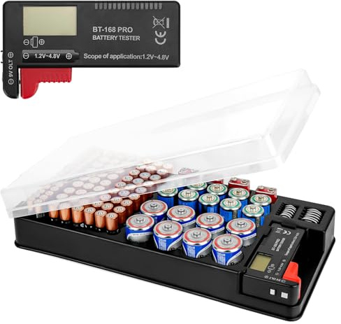 Linkidea Batterie-Organizer mit Tester, hält 93 Batterien in mehreren Größen, kompatibel mit AAA, AA, 9 V, C, D und Knopfzellen, tragbarer Batteriehalter (schwarz)