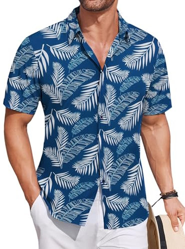 COOFANDY Hawaiian Shirts for Men Short Sleeve Summer Floral Shirts Funky Holiday Shirt Lightweight Hawaii Beach Shirt Regular Fit Palm Leaves Blue S