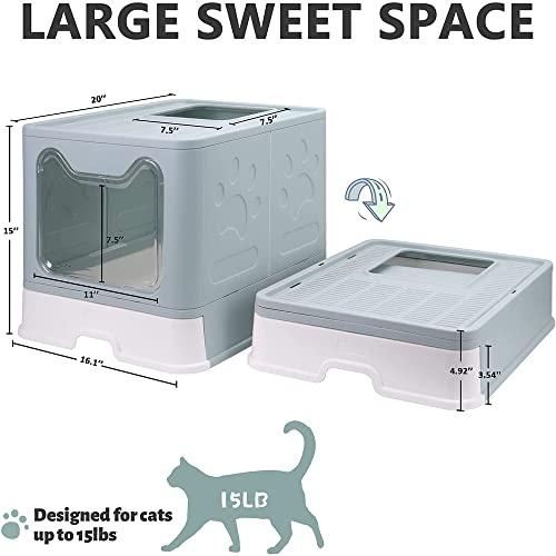 OHMG Katzenklo, Katzentoilette mit Deckel+Zubehör Inklusive Schaufel und Matte,Katzen Klo Geschlossen Groß, XXL Cat Litter Box,Ausziehbares Tablett (Blau-51 * 41 * 38cm)