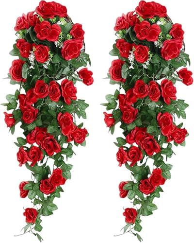 JOZMMZEOOA Rosas Artificiales Guirnalda 2 Piezas Planta Artificial Colgante 90cm Flores Secas Enredaderas Artificiales Decorativas Guirnaldas, para Jardín Fiesta Hogar Boda Decoración (Rojo)