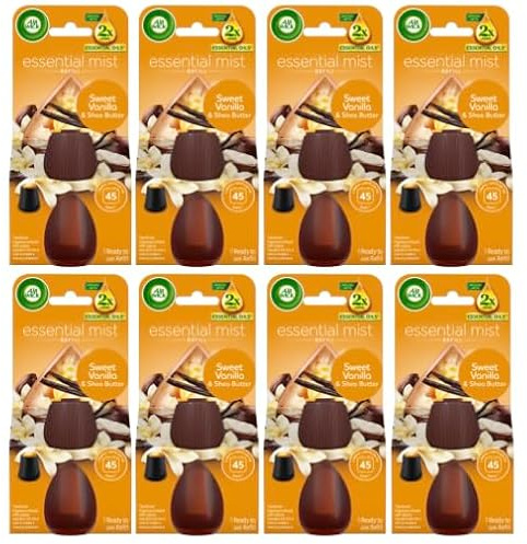 Air Wick Essential Mist Refills, Sweet Vanilla & Shea Butter, Pack 8 x 20 ml, Natural Essential Oils, Last up to 270 days, Air freshener