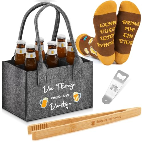 SATINIOR 4 Stück Filz Bier Tasche für Männer,Das Flüssige Muss Ins Durstige | Männerhandtasche mit 6 Fächern, 24 cm Flaschentasche, Biersocken, Flaschenöffner, Grillzange, Geburtstag Vatertag Geschenke
