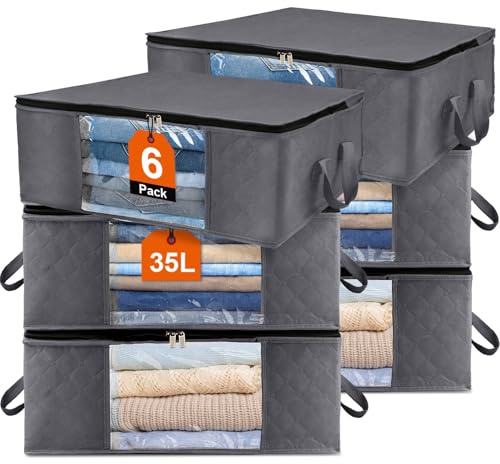 Withosent Cajas Almacenaje Ropa 6 Piezas, 35L Bolsa de Almacenamiento Ropa de Tela no Tejida, Organizador Armario con Mango, Contenedor para Debajo de la Cama para Edredones, Mantas, Almohada