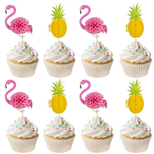 24 PCS Flamingo Tortendeko, 3D Flamingo Und AnanasTorten Topper, Flamingo Cupcake Topper, Geeignet Für Sommer-Strand-Mottopartys, Hawaii-Mottopartys