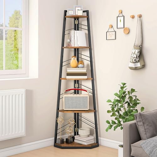 DWVO Eckregal 5 Ebenen, Eckbuchhandel mit Metallrahmen, Industrial Ladder -Bücherregal, Bodenständiges Displayregal, Hoher Speicherregal, für Wohnzimmer, Küche, Schlafzimmer, Vintagebraun Standregal