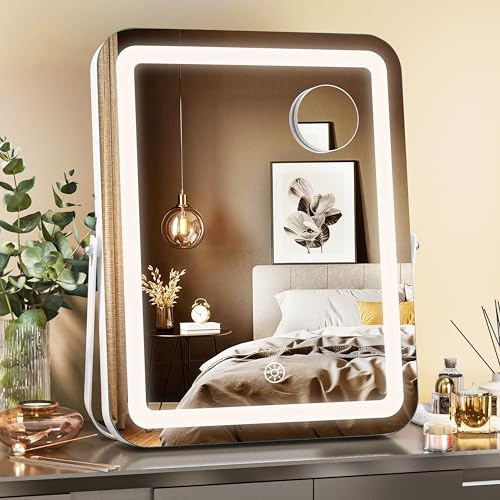 MINISO Vanity Mirror with Lights, 10.6 x 13.8 LED Makeup Mirror, Light & Brightness Adjustment, Smart Sensor, Aluminum Alloy Metal White Frame, with 5X Magnifying Glass