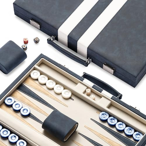 Lingle Backgammon-Sets für Erwachsene, 46cm x 38cm klassisches Brettspiel mit faltbarem Leder-Backgammon-Etui, Kunstleder-Außenseite und Samt-Innenseite, tragbares Reisespiel-Set (Blue)