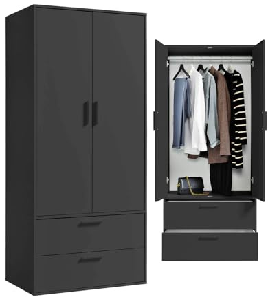 mokebo Kleiderschrank 'Der Kleiderheld' (80x180x51 cm) Made in Germany, Garderobenschrank, Flurschrank, Schlafzimmer & Ankleidezimmer, mit 2 durchlaufenden Schubladen aus Holz in Anthrazit Schwarz