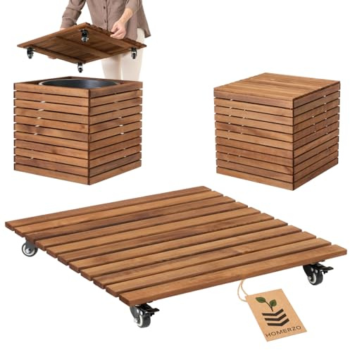 HOMERZO Pflanzenroller witterungsbestaendig - 90 kg Tragkraft - Rollbrett Pflanzen - Untersetzer Blumentopf - Blumenroller - Rollen mit 2 Feststellern (Braun, 58 x 58 cm)