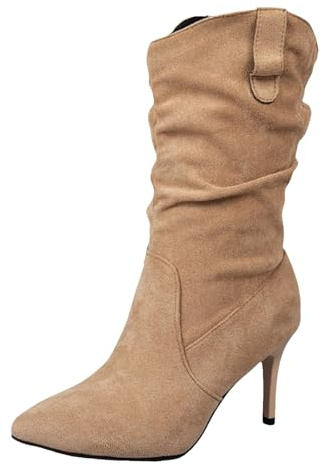 VBEDKDEB Stövlar dam halvhöga stövlar dam fashionabla spets tåparti mocka stilett plissé Mid Calf Fashion Casual höga klackar gummistövlar 1111501, kaki, 37.5 EU