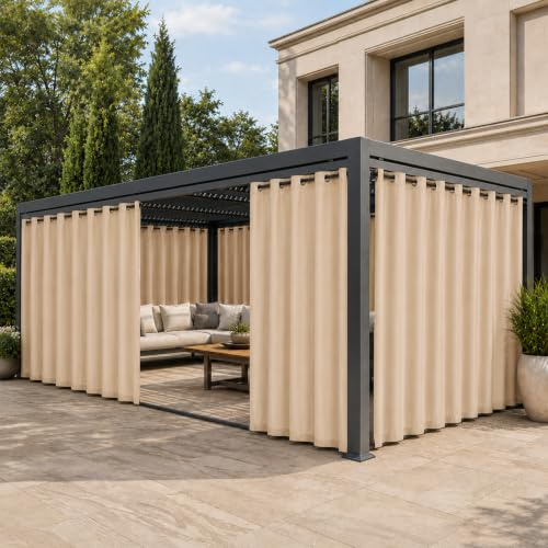 Pesonlook Outdoor Vorhang Wetterfest 2er Set, Wasserabweisende Outdoorvorhänge mit Ösen und unteren Schlaufen, Blickdicht Sonnenschutz Sichtschutz für Balkon Terrasse Pergola, 254 x 213 cm, Beige