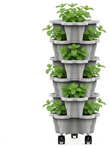 Pflanzturm mit Rollen, 6 Etagen Kartoffelturm, Stapelbarer Pflanzgefäß für Erdbeeren, Kräuter, B-Lumen und Gemüs-e, Kunststoff Säulentopf Hochbeet Pflanztopf Kübel für Drinnen und Draußen