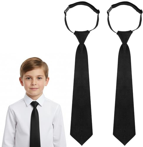 Apojgitn 2PCS Boys Tie, Black Pre-Tied Kids Tie for 12-14 Years, Adjustable Black Boys Necktie for Formal Wedding Party Graduation, Short Ties for Uniform