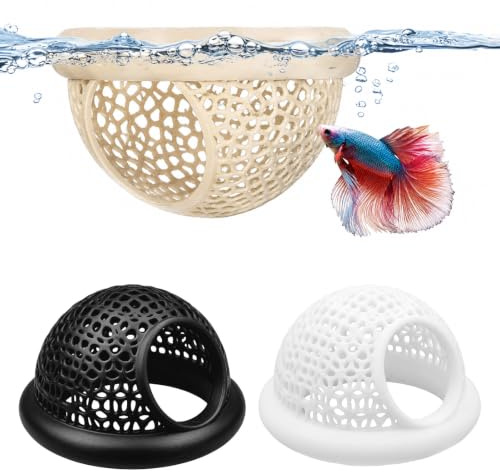 ZHITENG 3 Pièces Grotte Flottante Betta avec Anneau d'alimentation 7×4 cm | Décor D’Aquarium Petits Poissons Aquarium Hamac Décoratif, pour Crevettes Poissons Betta (Noir, Blanc, Beige)