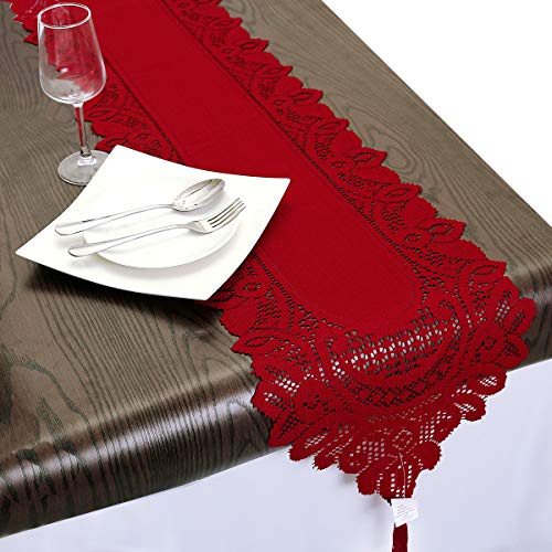 mookaitedecor Blumenmuster Spitze Tischläufer mit Fransen Deckchen Modern | Rot Spitzenstoff Rolle Tischdecke Leicht Pflegende Tischdecken, Waschbar Fleckenabweisend Spitzenfeckchen Deko 33 x 180 cm