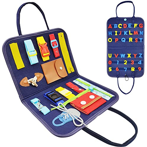 Busy Board Planche Montessori, Jeux Educatif Enfant Jouet Montessori Tableau Cadeau Noël, Apprendre Les Boucles Fermeture à GlissièRe Lacets et Cravates, pour Garcon Fille BéBé 1 2 3 4 Ans (Bleu)