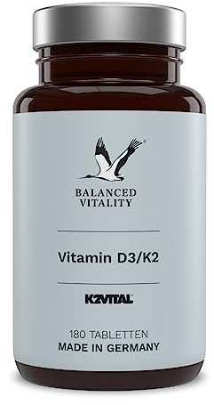 Vitamin D3 K2 Depot - 99,7% +% All Trans MK7 (K2VITAL von Kappa) 5000 IE - 180 vegetarische Tabletten Jahresvorrat - Sonnenvitamin - ohne Zusatzstoffe – laborgeprüft – Balanced Vitality