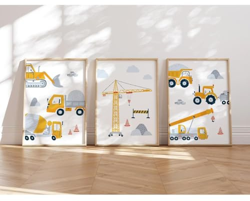 MeinBaby123® Pictures Construction Vehicles | Set of 3 DIN A4 | Excavator, Crane, Construction Machine, Dump Truck | Poster for Children's Room | Decorative Pictures Nursery Boy | Baby Room Decoration