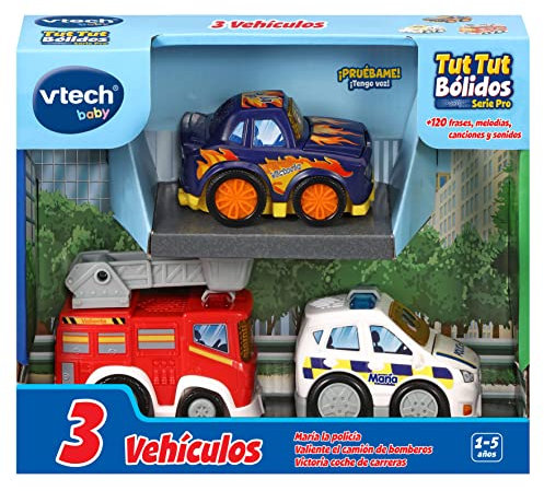 VTech - TutTut Bólidos Pack de 3 Coches con botón Sorpresa, María la policía, Valiente camión de Bomberos y Victoria Coche Carreras, Multicolor, Versión ESP