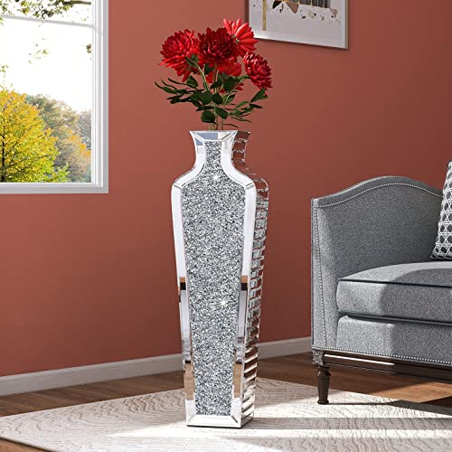 SHYFOY Verspiegelt Bodenvase Groß 68 cm Hoch, Glas Mit Luxuriösen Kristalldiamanten, Spiegelfläche, MDF-Struktur, XXL Deko für Kunstpflanzen und Pampasgras, Silber